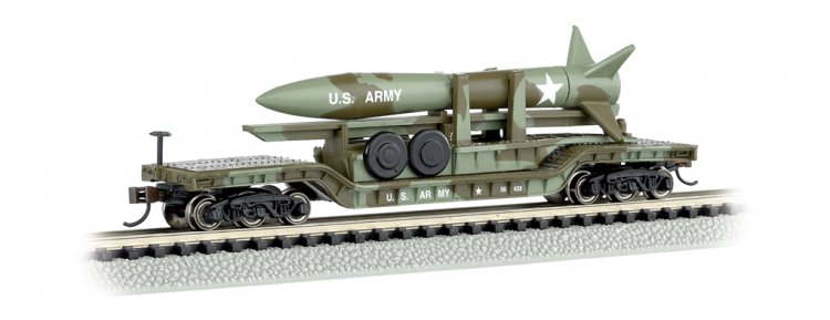 52' Center-Depressed Flat Car - Olive Drab Military with Missile - Click Image to Close