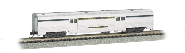 B&O® Silver w/ Blue stripe - 72 FT 2-Door Baggage car - Click Image to Close