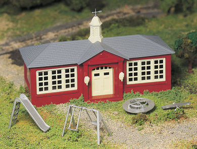 Schoolhouse with Playground Equipment - Click Image to Close