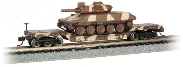 (image for) 52' Center-Depressed Flat Car - Desert Camo with Sheridan Tank
